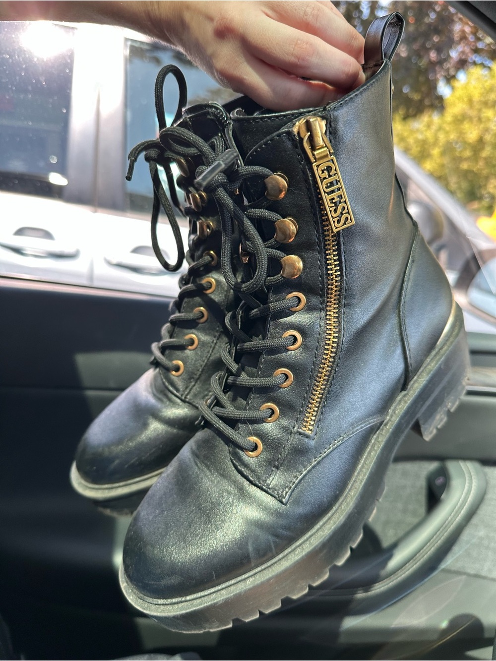 GUESS Black Leather Lace-Up Combat Boots with Gold Zipper